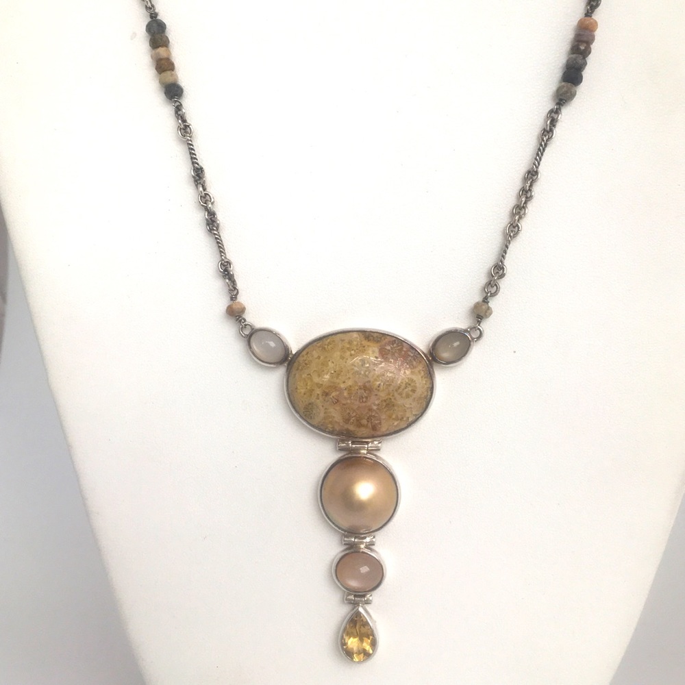 Bali sterling coral citrine pearl pendant necklace